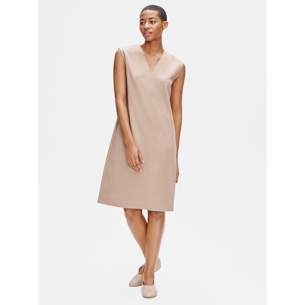 Eileen Fisher Flex Tencel Ponte V-Neck Sleeveless Shift Dress Small‎